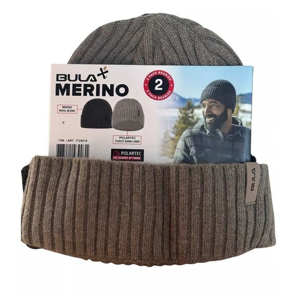 Bula Merino Unisex 2- Pack Wool Blend Beanie Hat, Charcoal/Beige, One Size - Picture 1 of 7